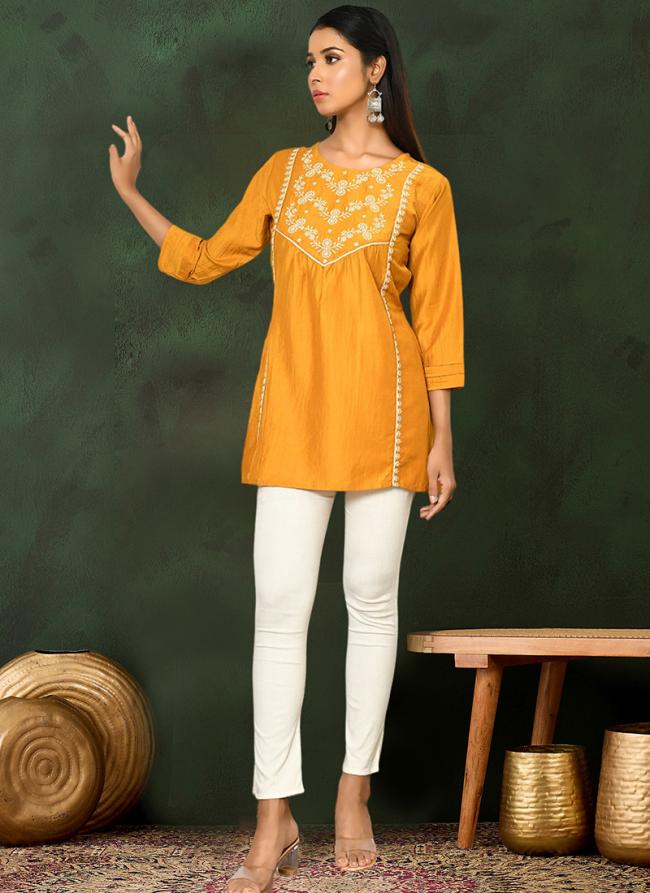 Viscose Blend Mustard Casual Wear Embroidery Work Readymade Short Top